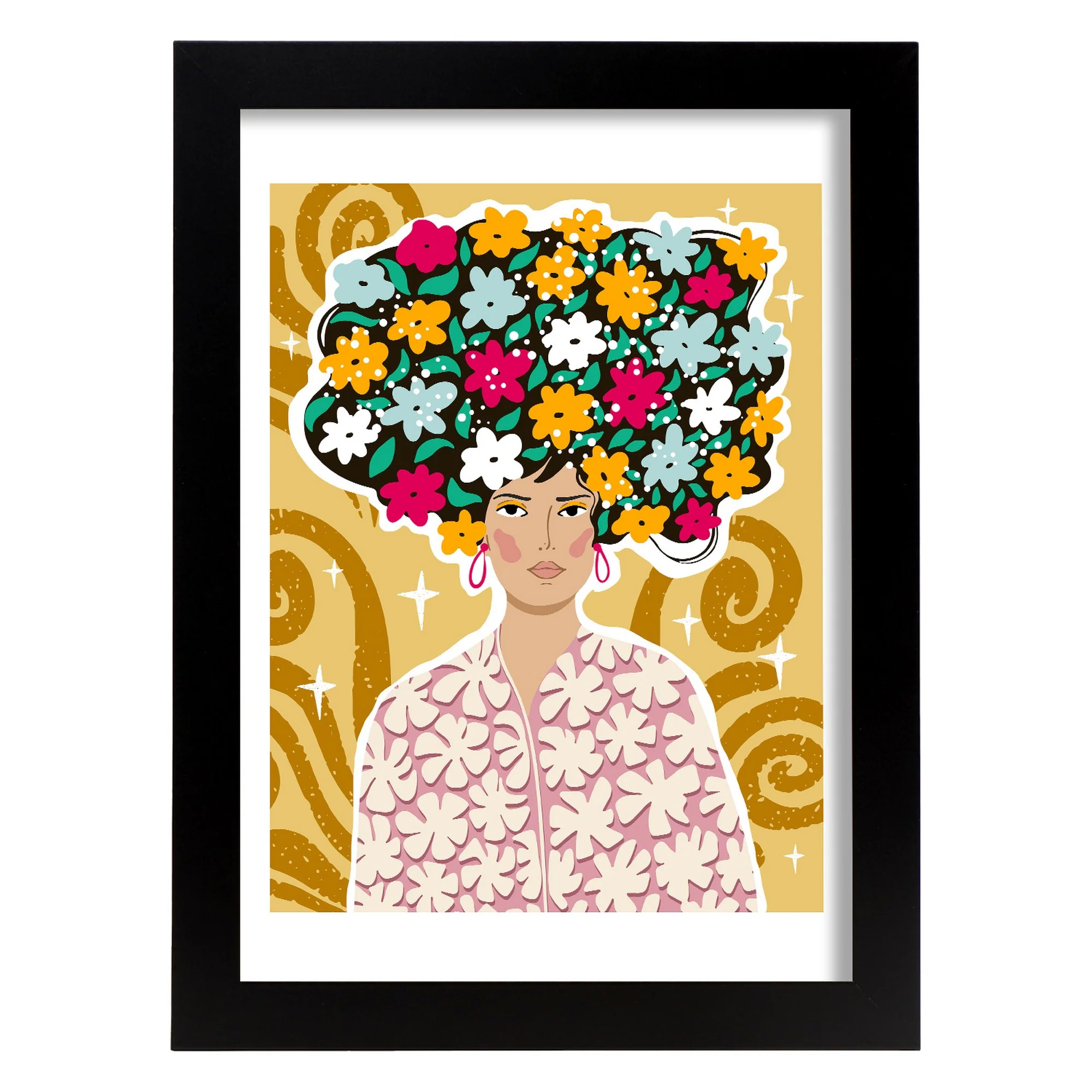 Lámina de Dama con pelo floral para diseño estético de hogar - Imagen 4