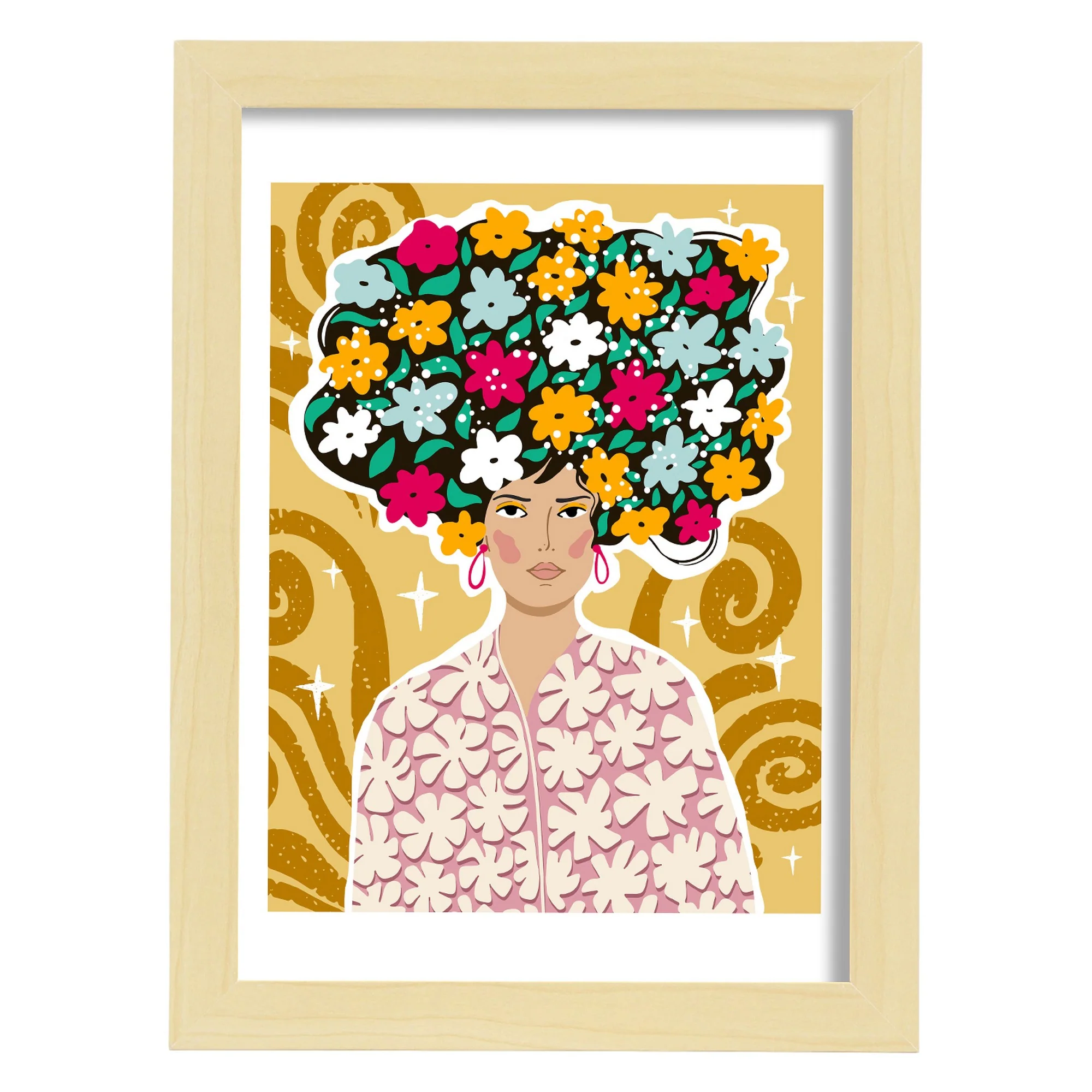 Lámina de Dama con pelo floral para diseño estético de hogar - Imagen 3