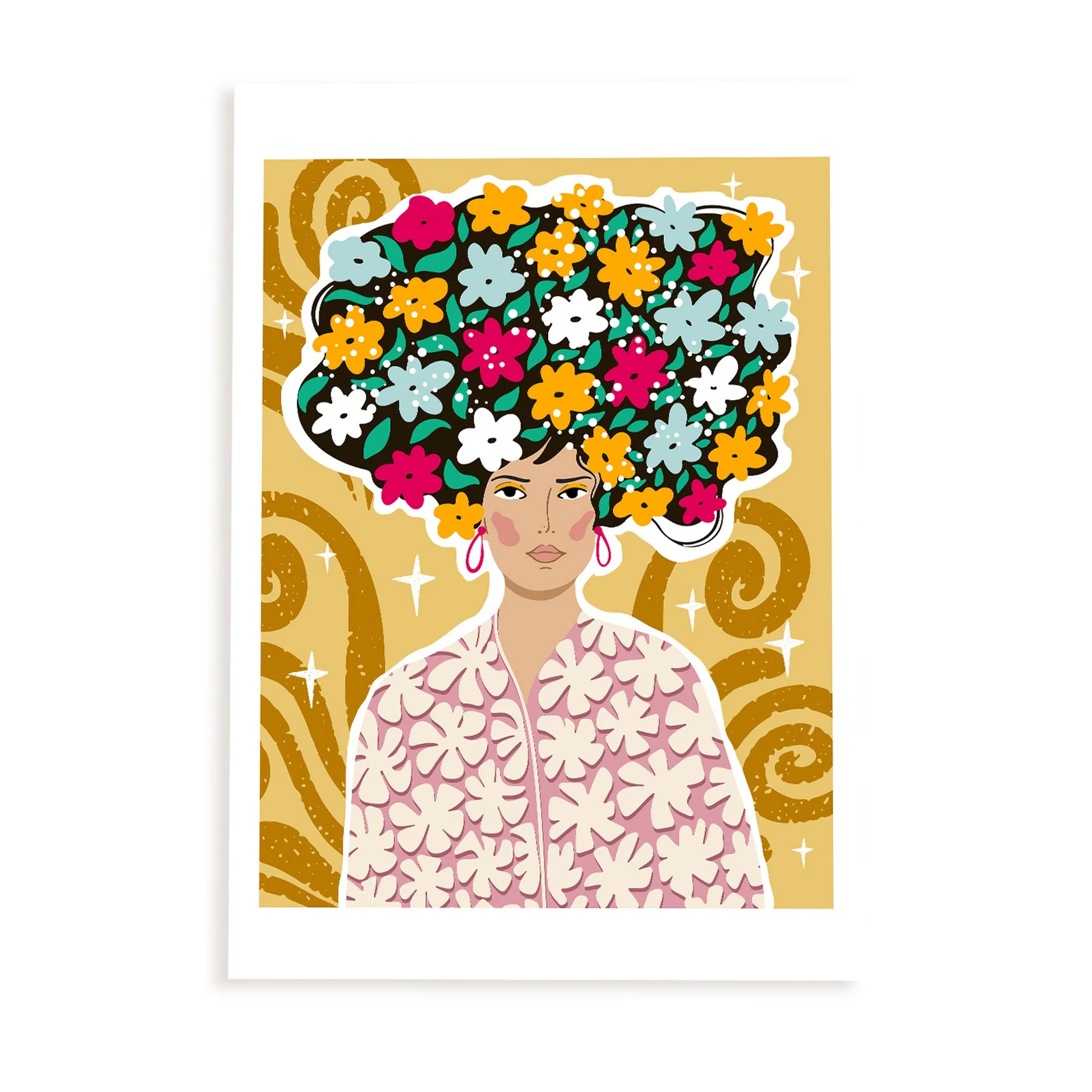 Lámina de Dama con pelo floral para diseño estético de hogar - Imagen 5